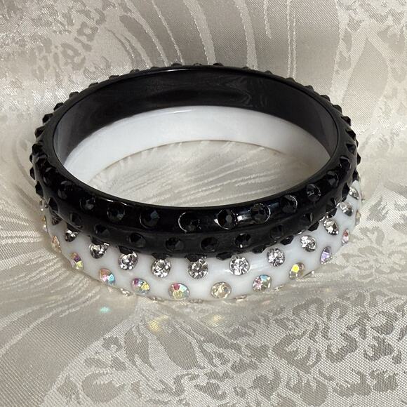 Unbranded Jewelry - Vintage White AB Rhinestone & Black Rhinestone Acrylic Bangle Bracelets Set Of 2